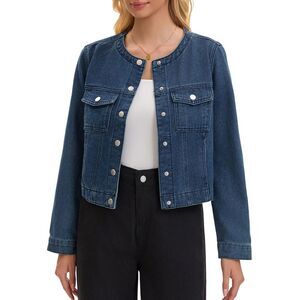 Womens Collarless Jean Jacket Long Sleeve Denim Jackets Vintage Blue